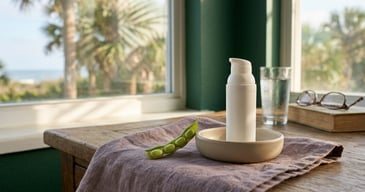 White pump bottle of skincare or hormone cream placed in a small dish on a wooden table by a sunlit window, with a glass of water, eyeglasses on a book, and a pea pod nearby, creating a calm, natural wellness setting.