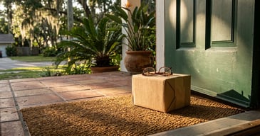Small package on a doormat at a front door with eyeglasses resting on top, surrounded by greenery and warm sunlight, representing convenient home delivery.