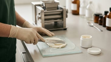 Gloved hands working a compounded topical base on a ground-glass ointment slab at a compounding bench