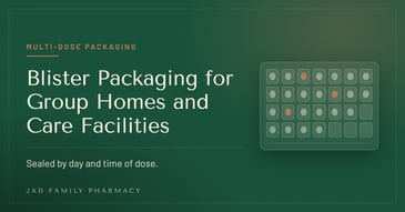Title card for blister packaging in group homes, beside a diagram of a sealed multi-dose blister card