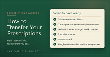 How to Transfer Your Prescriptions beside a checklist of what to have ready, from name and birth date to insurance card