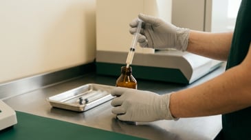 Gloved hands drawing a flavored compounded oral suspension into a dosing syringe at a compounding bench