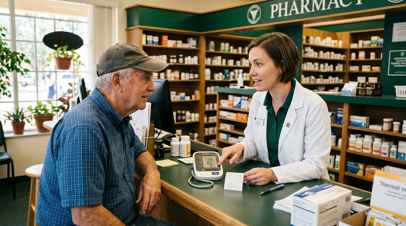JAD Family Pharmacy pharmacist reviewing blood pressure results