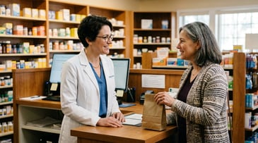 Community pharmacist in white coat at pharmacy consultation counter speaking warmly with a middle-aged female patient, warm wood-shelf pharmacy interior.