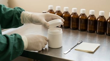 Gloved hands opening a bulk powder container beside plain amber bottles at a compounding bench