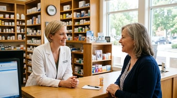 Independent pharmacy pharmacist in white coat sitting at consultation counter in warm conversation with a middle-aged woman patient, large window and wood shelves in background.
