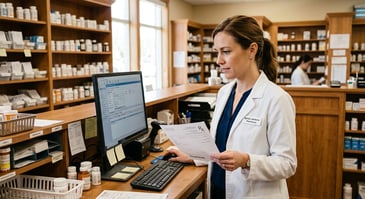 Community pharmacist in white coat reviewing a printed prescription at a pharmacy workstation with patient records on screen, focused and attentive.