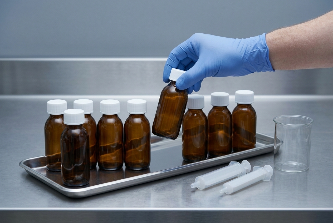 Gloved hand lifting one plain amber bottle from a row of compounded preparations beside oral dosing syringes