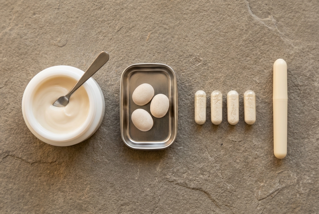 Four compounded dosage forms side by side: a topical cream jar, troches, capsules and an applicator
